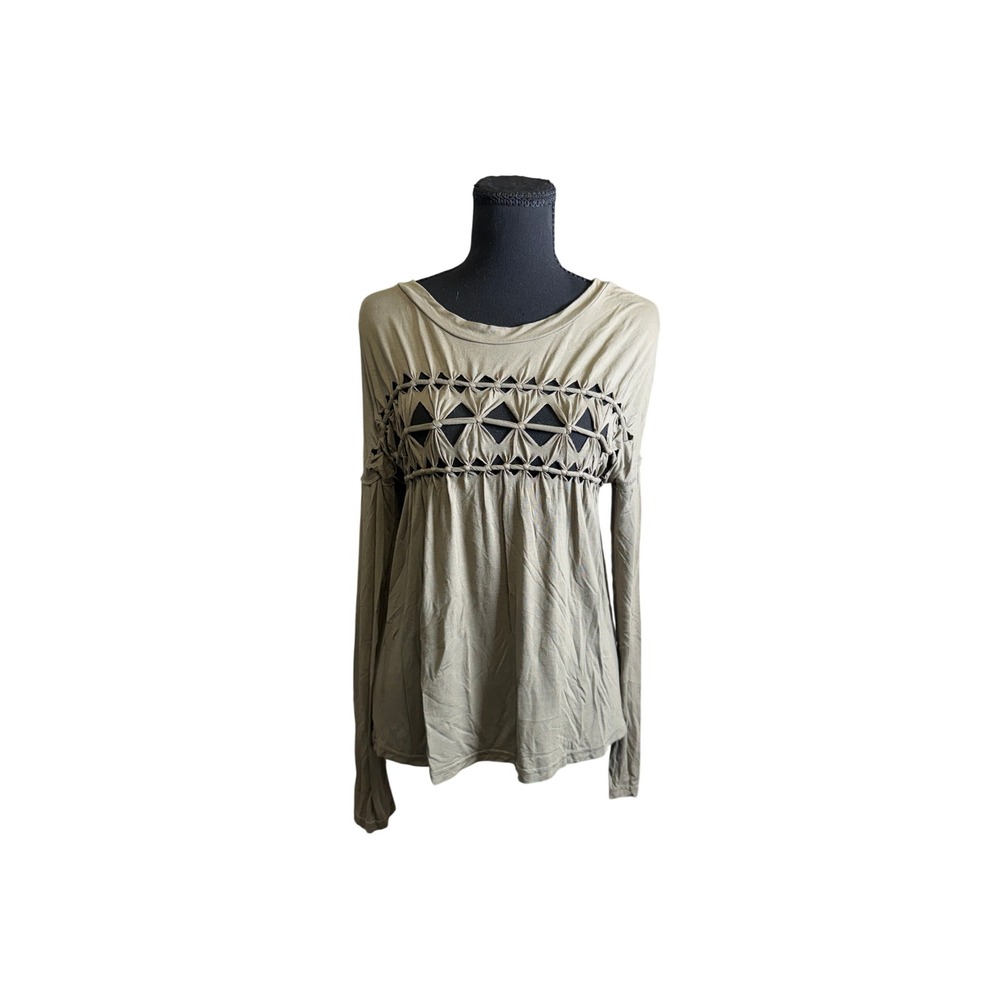 POL Lattice Cutout Top Women Small Olive Green Excellent Long Sleeve Boho Knit